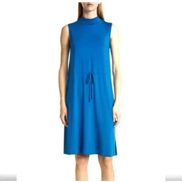Eileen Fisher Mock Neck Tie Waist Sleeveless Dress Marine Blue $178 - L NWT - Picture 1 of 11